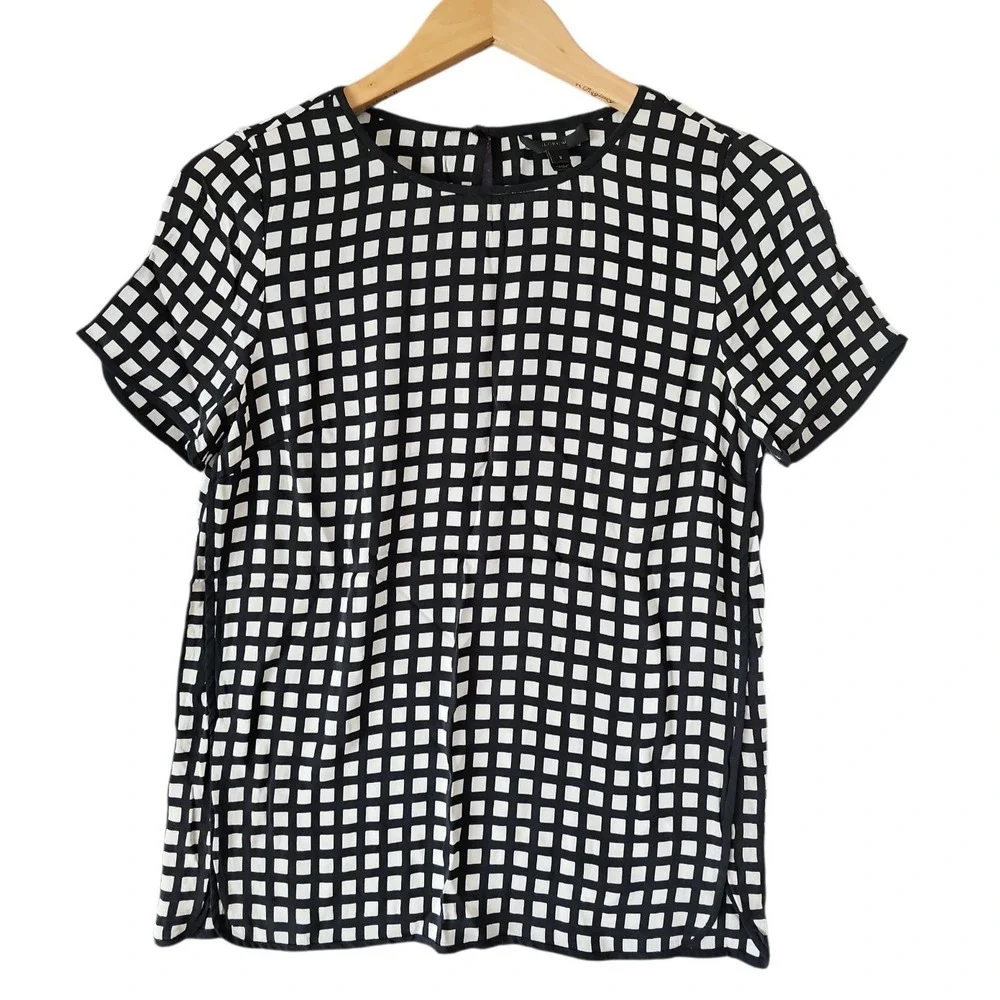 J‎ CREW Women's Tipped Silk Tee Black White Windowpane Short Sleeve Top Size 2